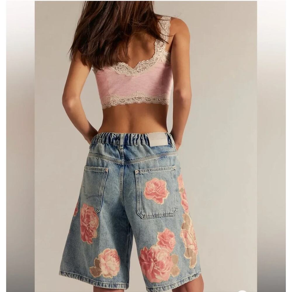 Free People Garden State Long Shorts 31 Denim Floral Distressed Y2K Boho - Picture 3 of 13